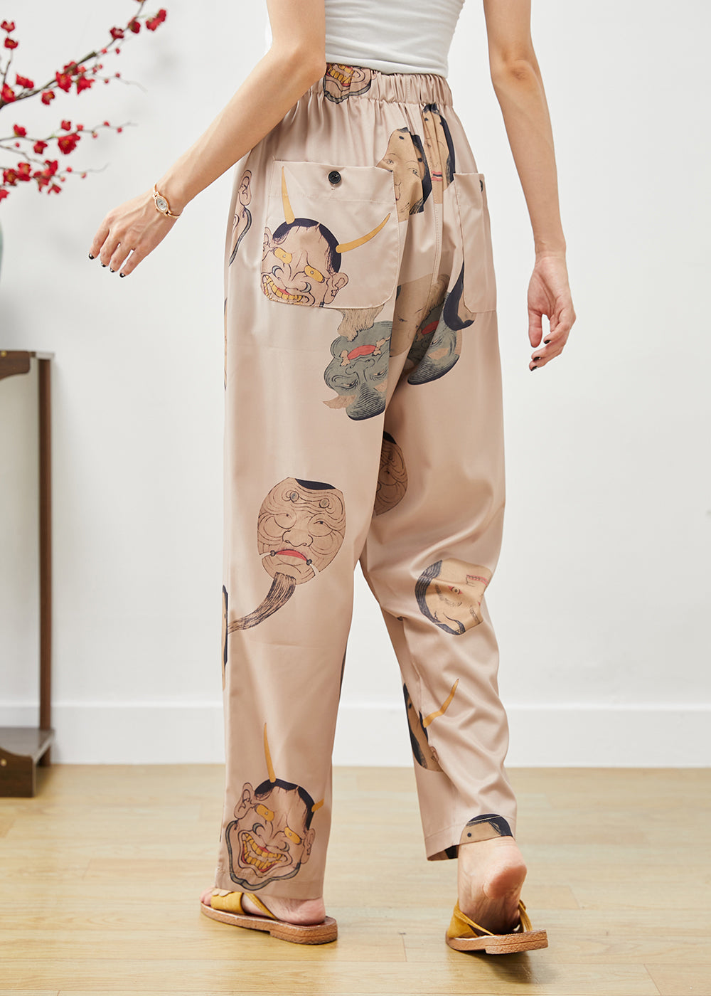 Khaki Elastic Waist Monsters Print Silk Pants Fall