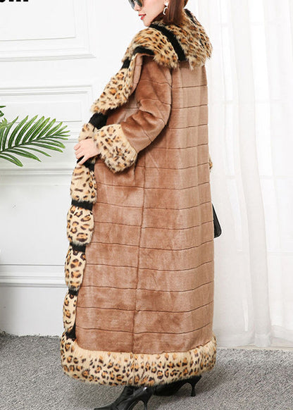 Khaki Fox Collar Patchwork Leopard Faux Fur Coat Winter