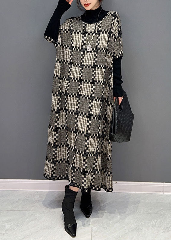 Khaki Hign Neck Plaid Knit Maxi Dresses Winter