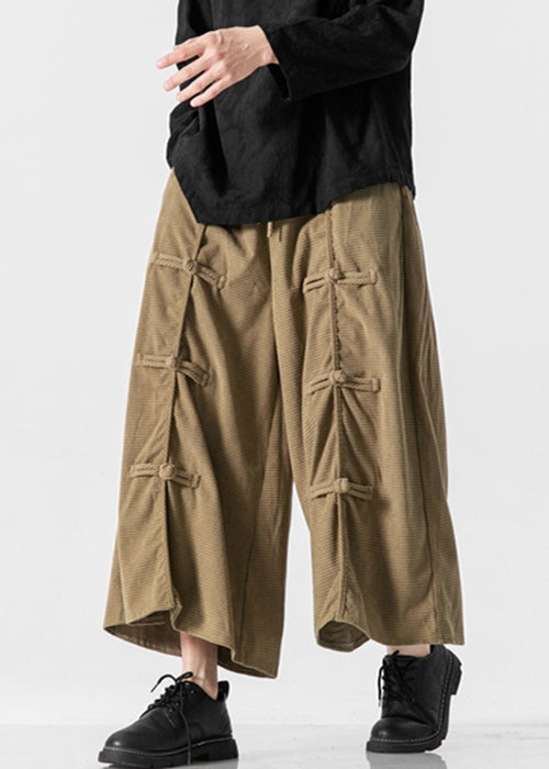 Khaki Lace Up Elastic Waist Cotton Wide Leg Pants Summer