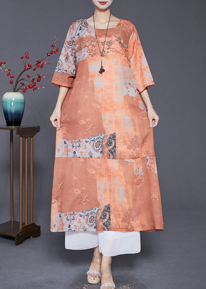 Khaki O-neck Patchwork Print Linen Vacation Dresses Bracelet Sleeve
