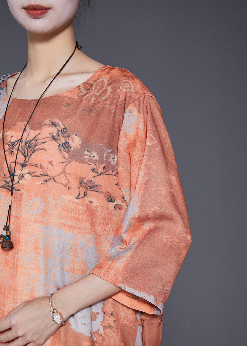 Khaki O-neck Patchwork Print Linen Vacation Dresses Bracelet Sleeve