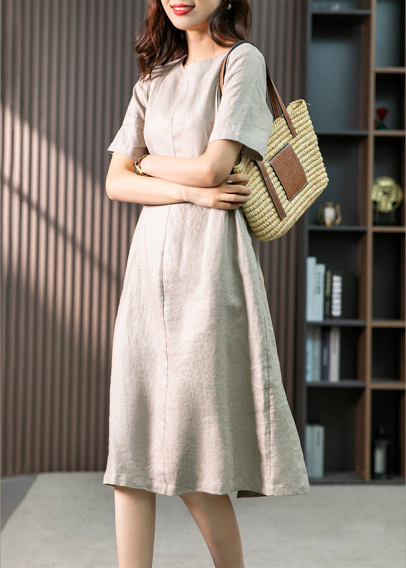 Khaki O-neck Patchwork Wrinkled Linen Long Dresses Summer