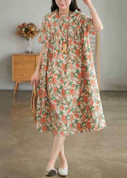 Khaki Oversized Print Cotton a Line Dresses Short Sleeve