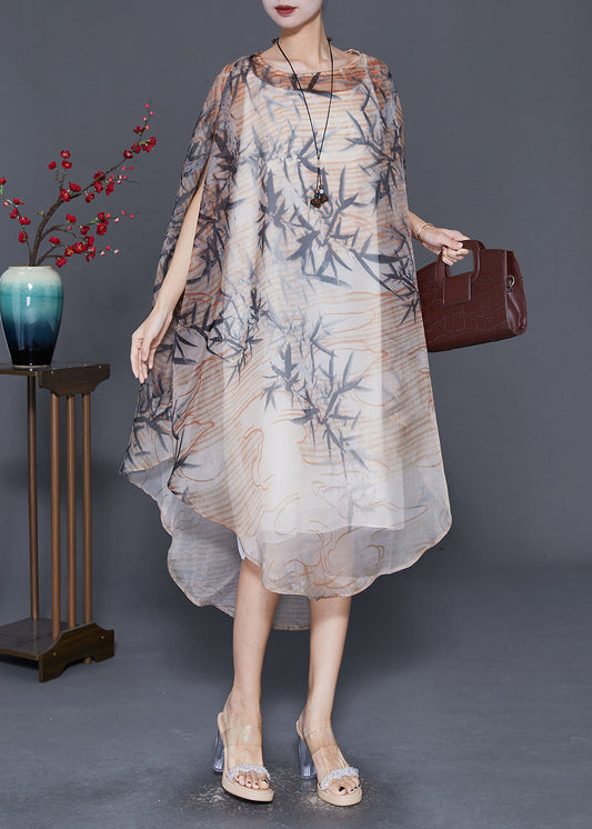 Khaki Oversized Print Tulle Dress Cloak Sleeves