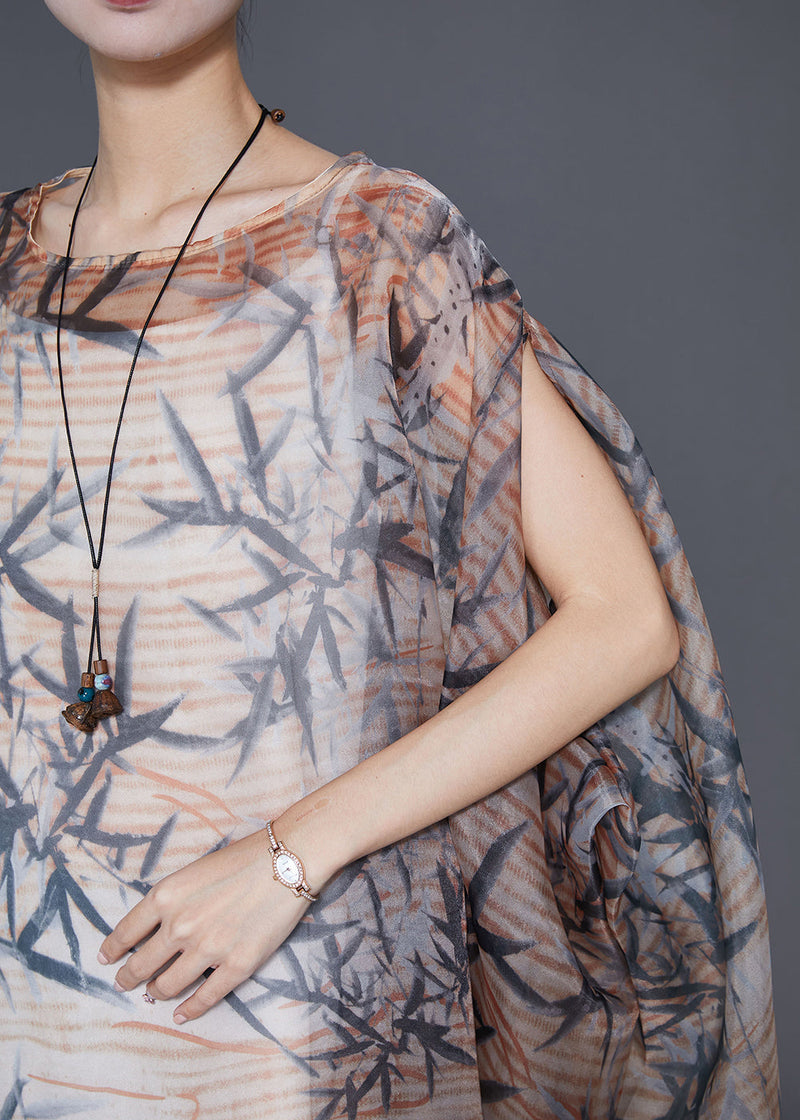 Khaki Oversized Print Tulle Dress Cloak Sleeves