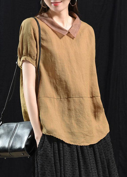 Khaki-orange Flower Patchwork Turn-down Collar Summer Short Sleeve Top