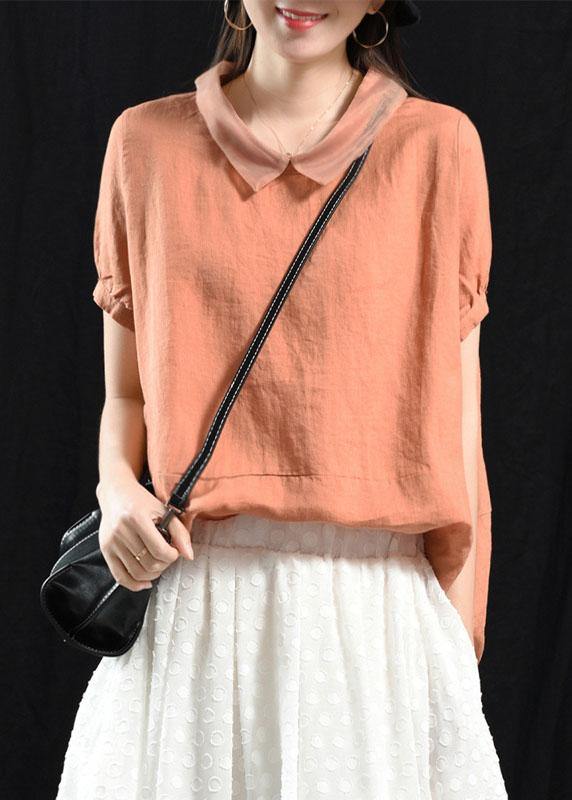 Mulberry Patchwork Turn-down Collar Summer Linen Shirt Top