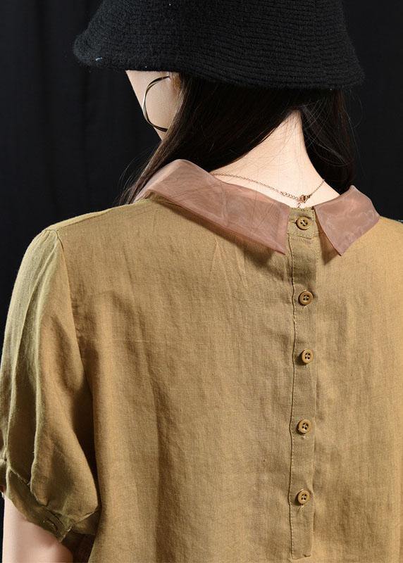 Khaki-orange Flower Patchwork Turn-down Collar Summer Short Sleeve Top