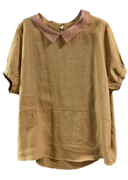 Orange Patchwork Turn-down Collar Summer Short Sleeve Top