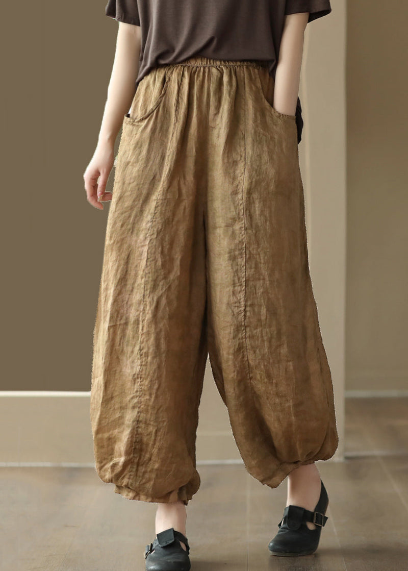 Khaki Pockets Elastic Waist Linen Crop Pants Summer