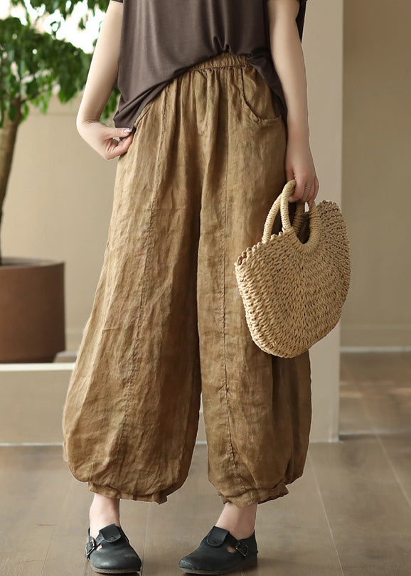 Khaki Pockets Elastic Waist Linen Crop Pants Summer