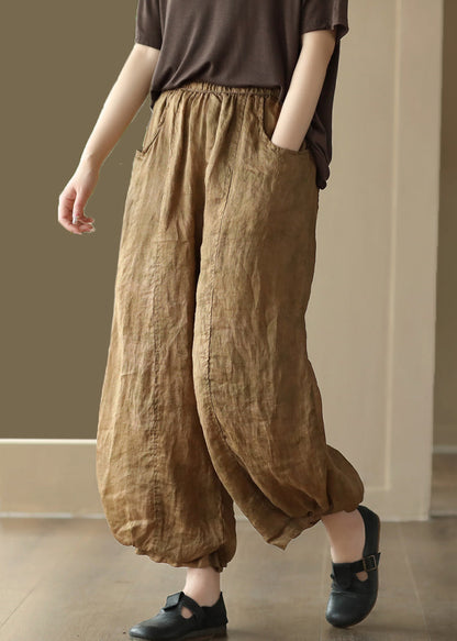Khaki Pockets Elastic Waist Linen Crop Pants Summer