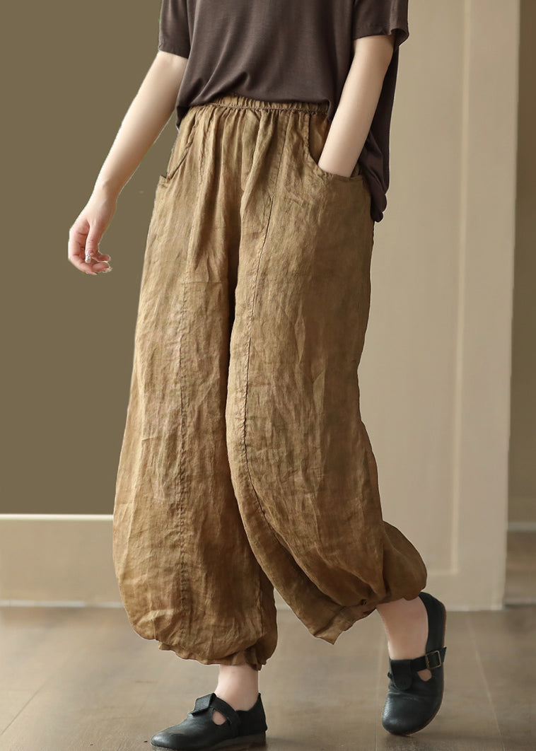 Khaki Pockets Elastic Waist Linen Crop Pants Summer