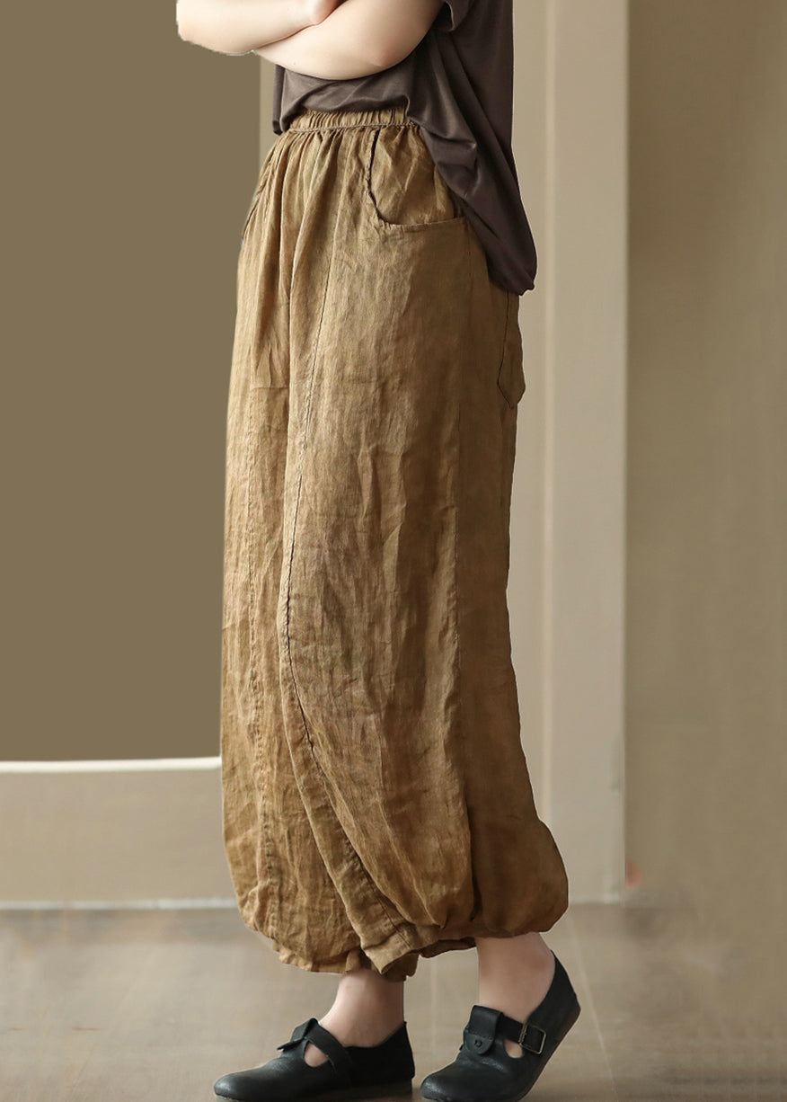 Khaki Pockets Elastic Waist Linen Crop Pants Summer