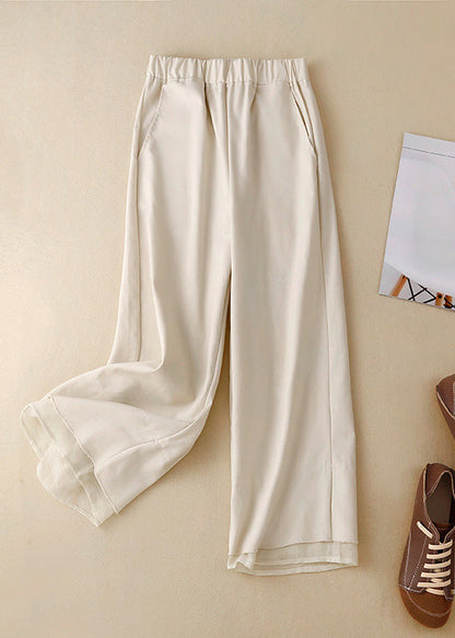 Khaki Pockets Elastic Waist Linen Crop Pants Summer