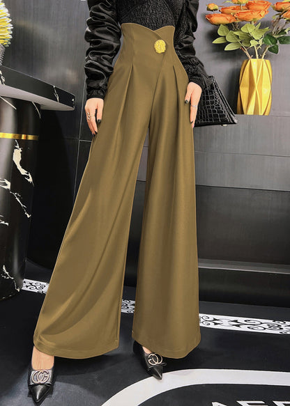 Khaki Pockets High Waist Patchwork Spandex Wide Leg Pants Fall