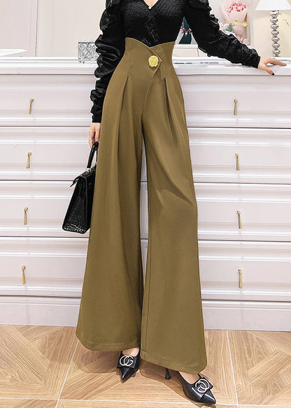 Khaki Pockets High Waist Patchwork Spandex Wide Leg Pants Fall