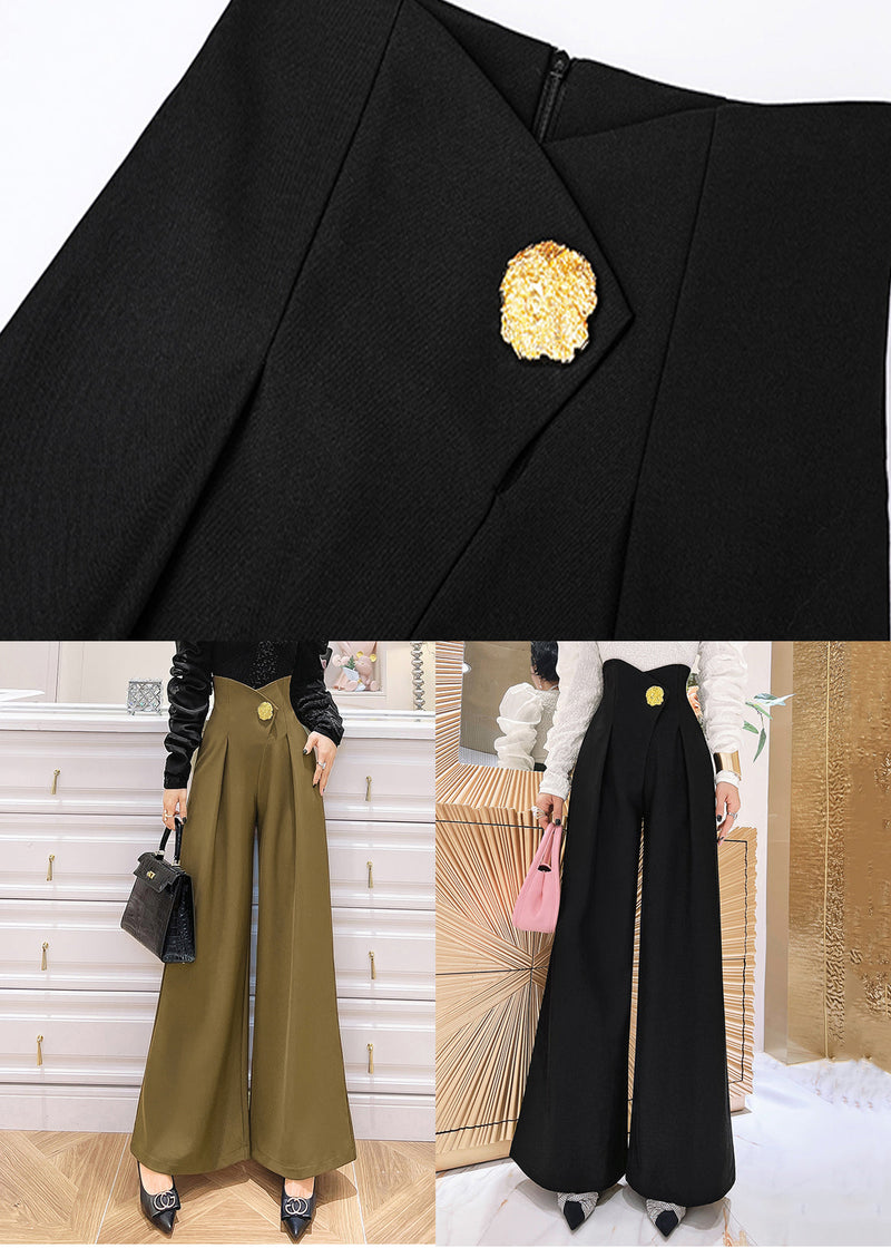 Khaki Pockets High Waist Patchwork Spandex Wide Leg Pants Fall