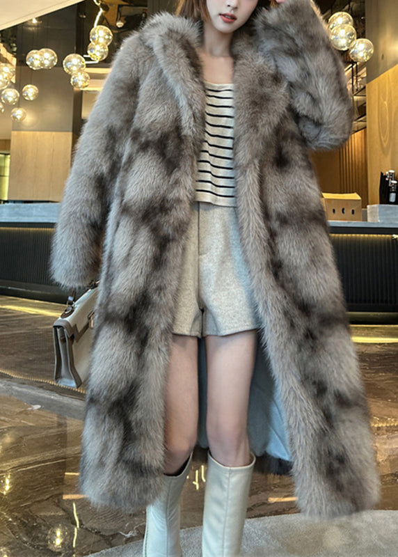 Khaki Pockets Print Leather and Fur Long Coats Spring