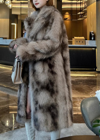 Khaki Pockets Print Leather and Fur Long Coats Spring
