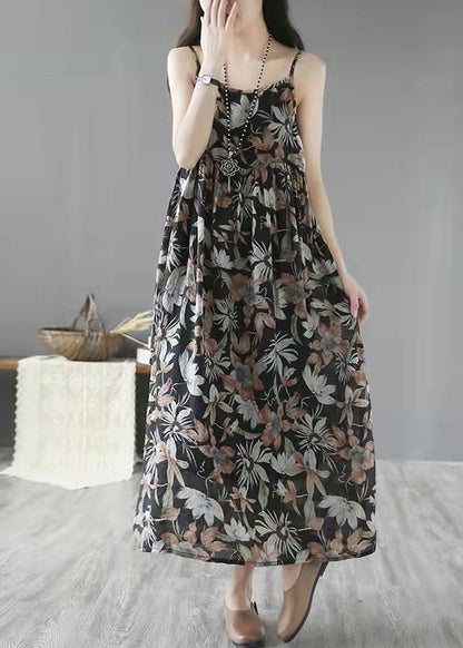 Khaki Print Wrinkled Linen Spaghetti Strap Dress Sleeveless