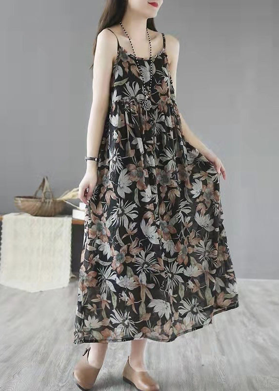 Khaki Print Wrinkled Linen Spaghetti Strap Dress Sleeveless