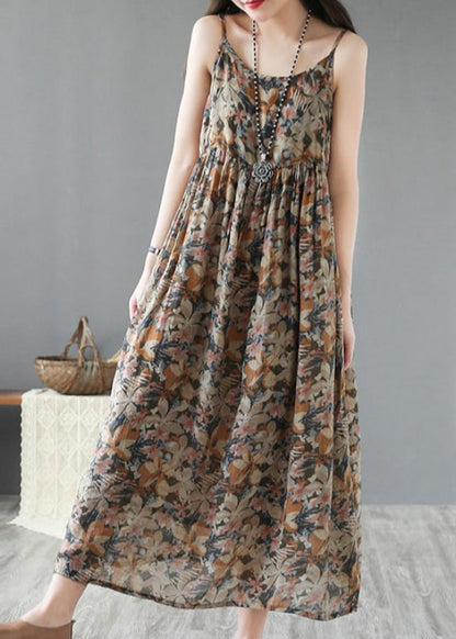 Khaki Print Wrinkled Linen Spaghetti Strap Dress Sleeveless