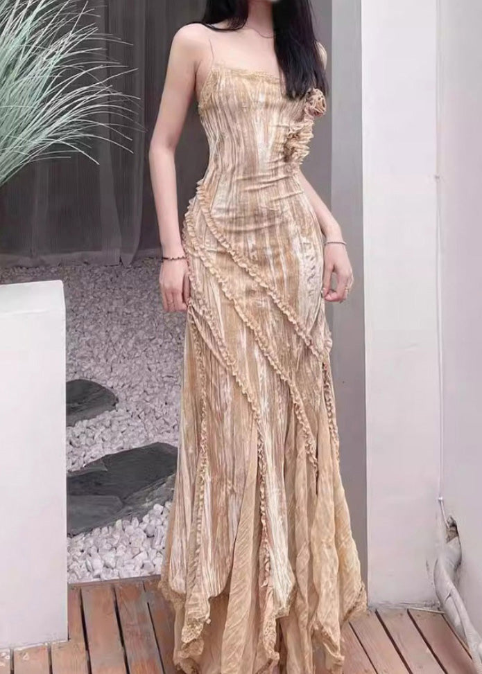 Khaki Ruffled Asymmetrical Design Chiffon Spaghetti Strap Dress Summer