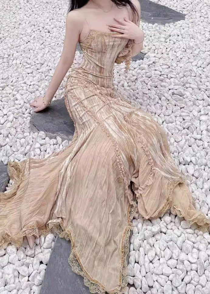 Khaki Ruffled Asymmetrical Design Chiffon Spaghetti Strap Dress Summer