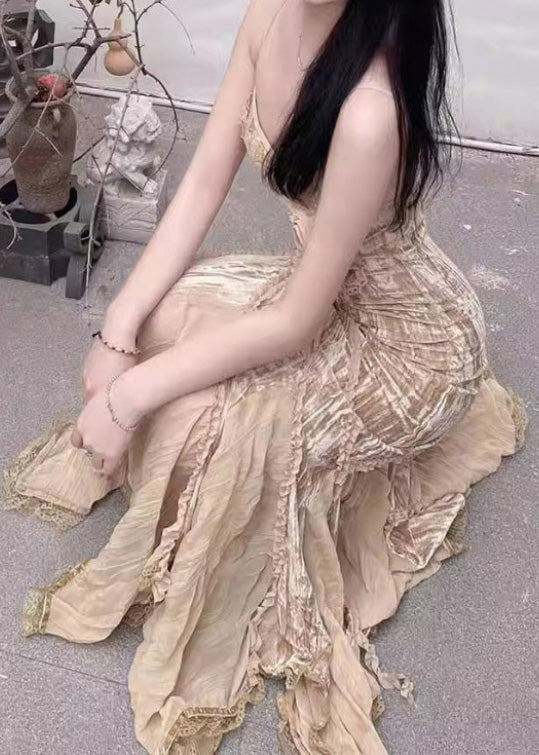Khaki Ruffled Asymmetrical Design Chiffon Spaghetti Strap Dress Summer