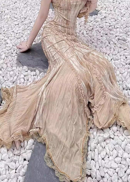 Khaki Ruffled Asymmetrical Design Chiffon Spaghetti Strap Dress Summer