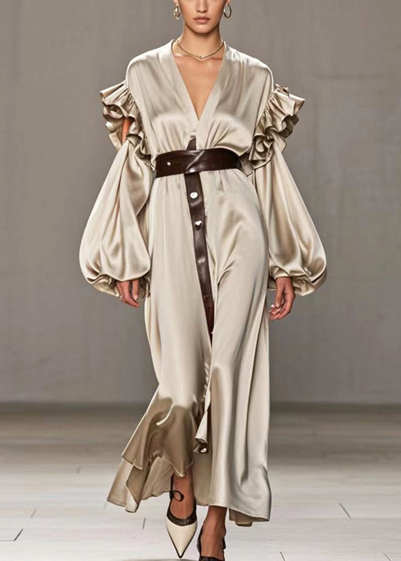 Khaki Ruffled Hollow Out Silk Holiday Dress Lantern Sleeve