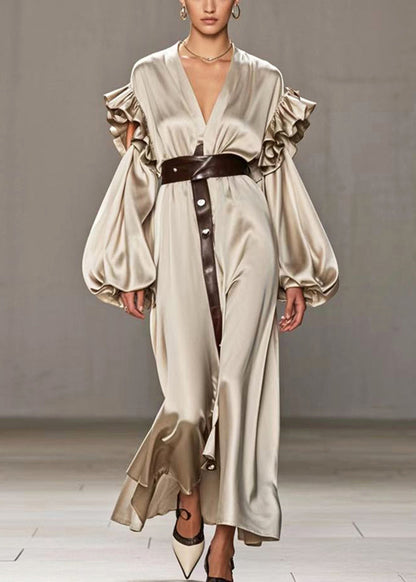 Khaki Ruffled Hollow Out Silk Holiday Dress Lantern Sleeve
