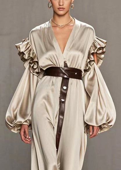 Khaki Ruffled Hollow Out Silk Holiday Dress Lantern Sleeve