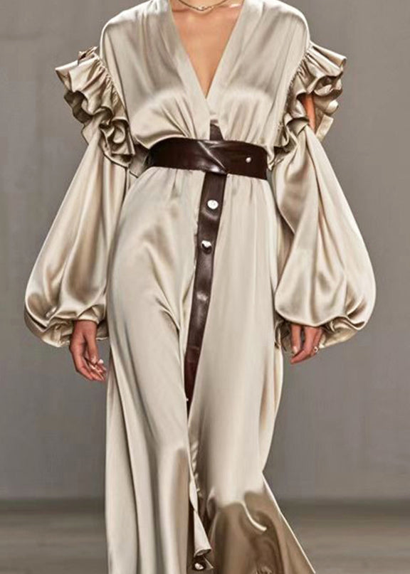 Khaki Ruffled Hollow Out Silk Holiday Dress Lantern Sleeve