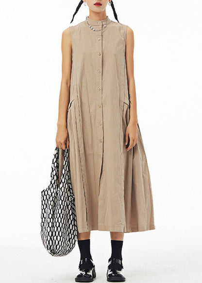Khaki Stand Collar Patchwork Maxi Shirt Dress Summer