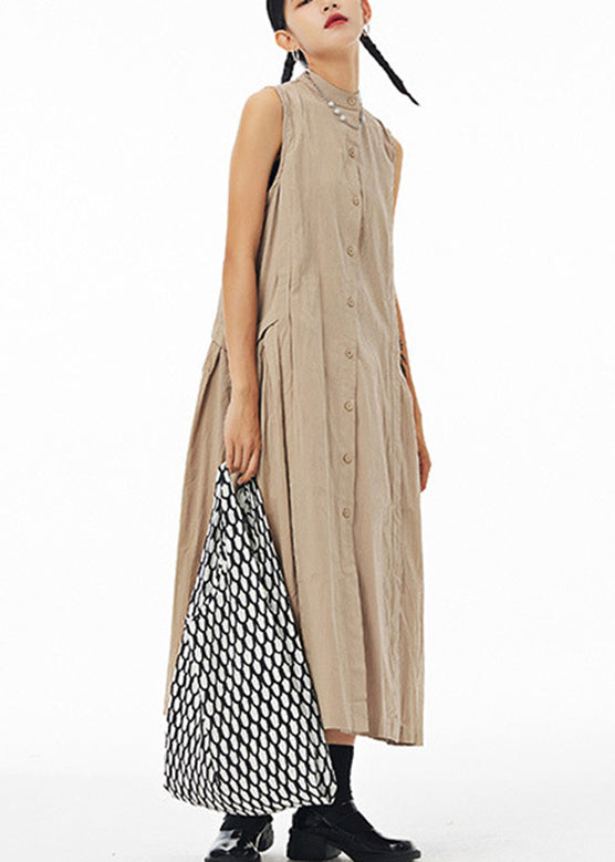 Khaki Stand Collar Patchwork Maxi Shirt Dress Summer