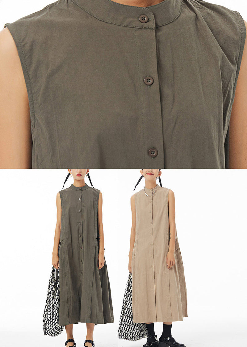 Khaki Stand Collar Patchwork Maxi Shirt Dress Summer