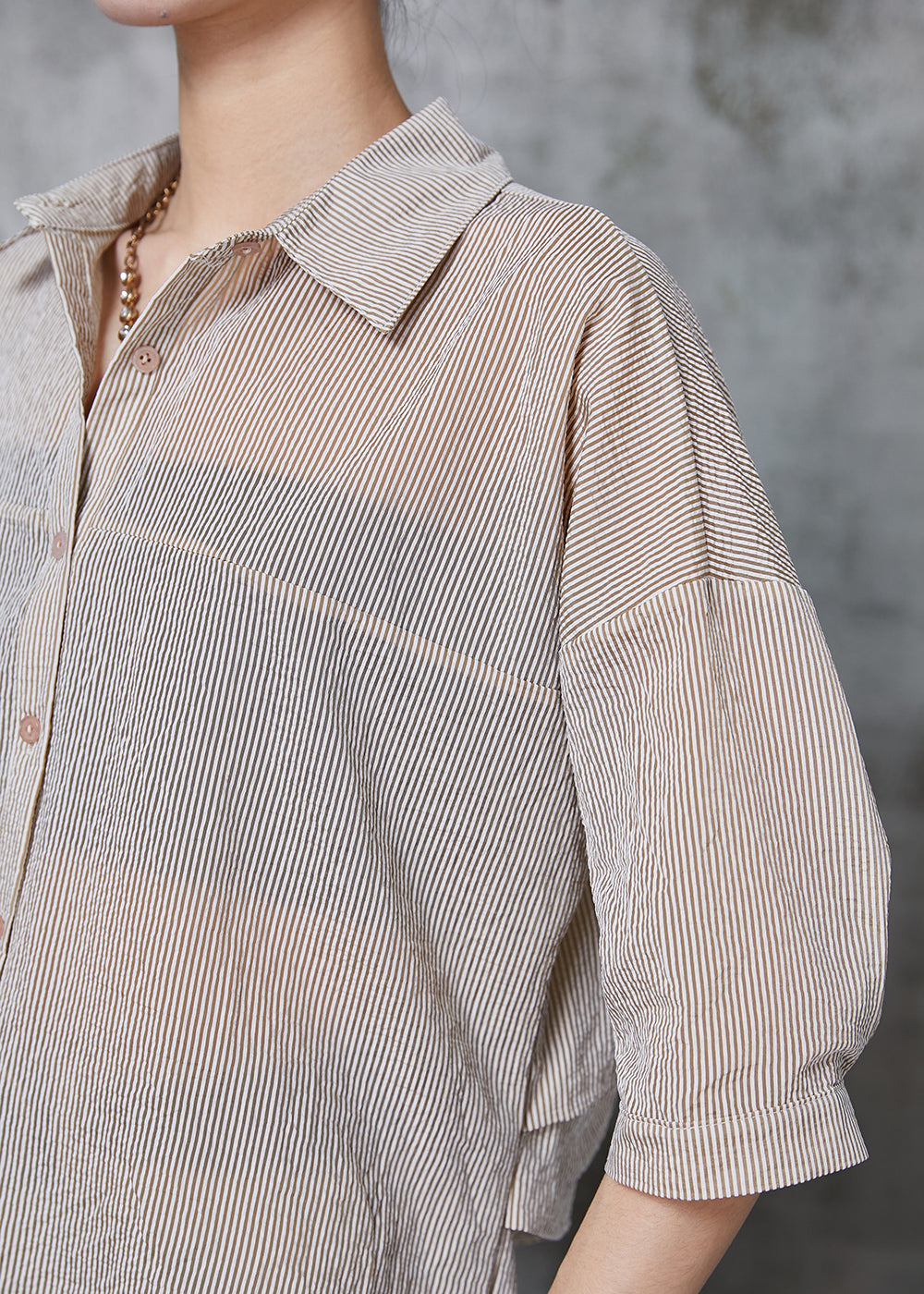 Khaki Striped Wrinkled Cotton Shirt Tops Summer