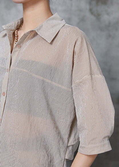 Khaki Striped Wrinkled Cotton Shirt Tops Summer