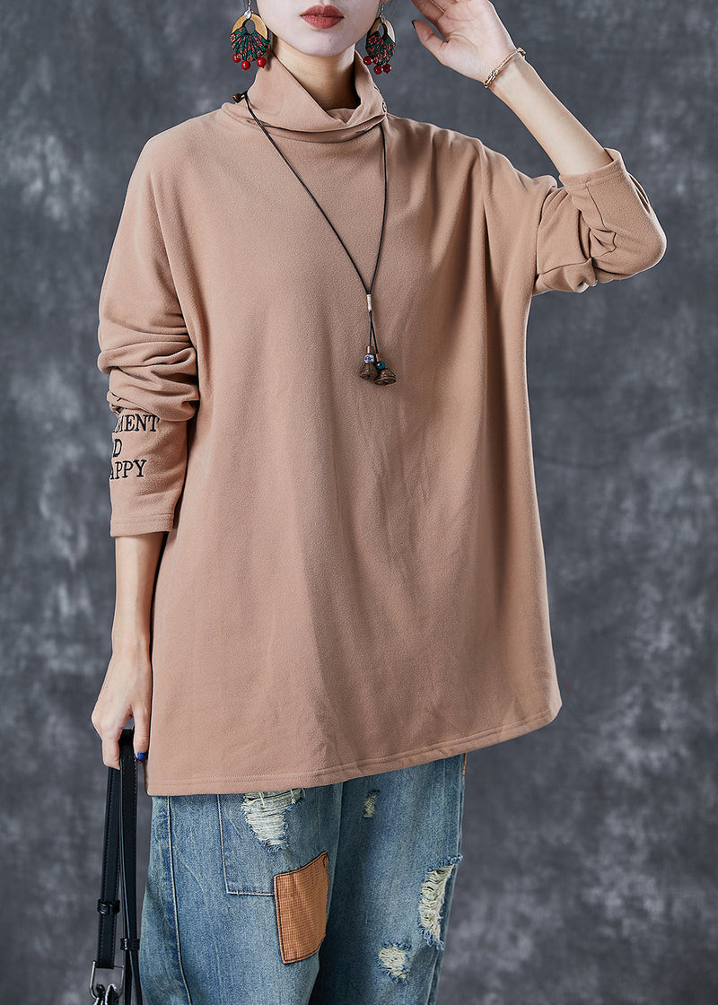 Khaki Turtle Neck Letter Embroidered Velour Tops Fall