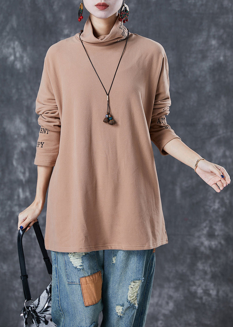 Khaki Turtle Neck Letter Embroidered Velour Tops Fall