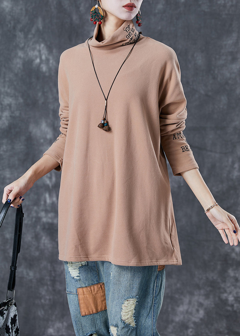 Khaki Turtle Neck Letter Embroidered Velour Tops Fall