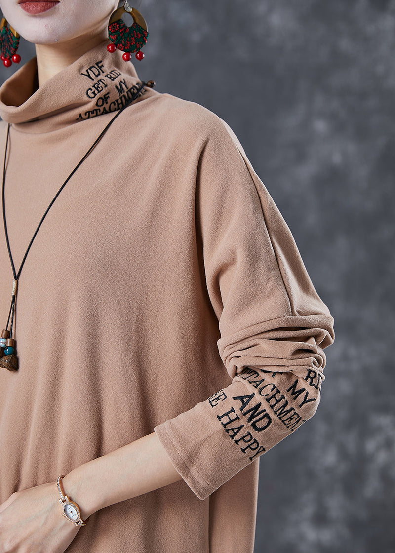 Khaki Turtle Neck Letter Embroidered Velour Tops Fall