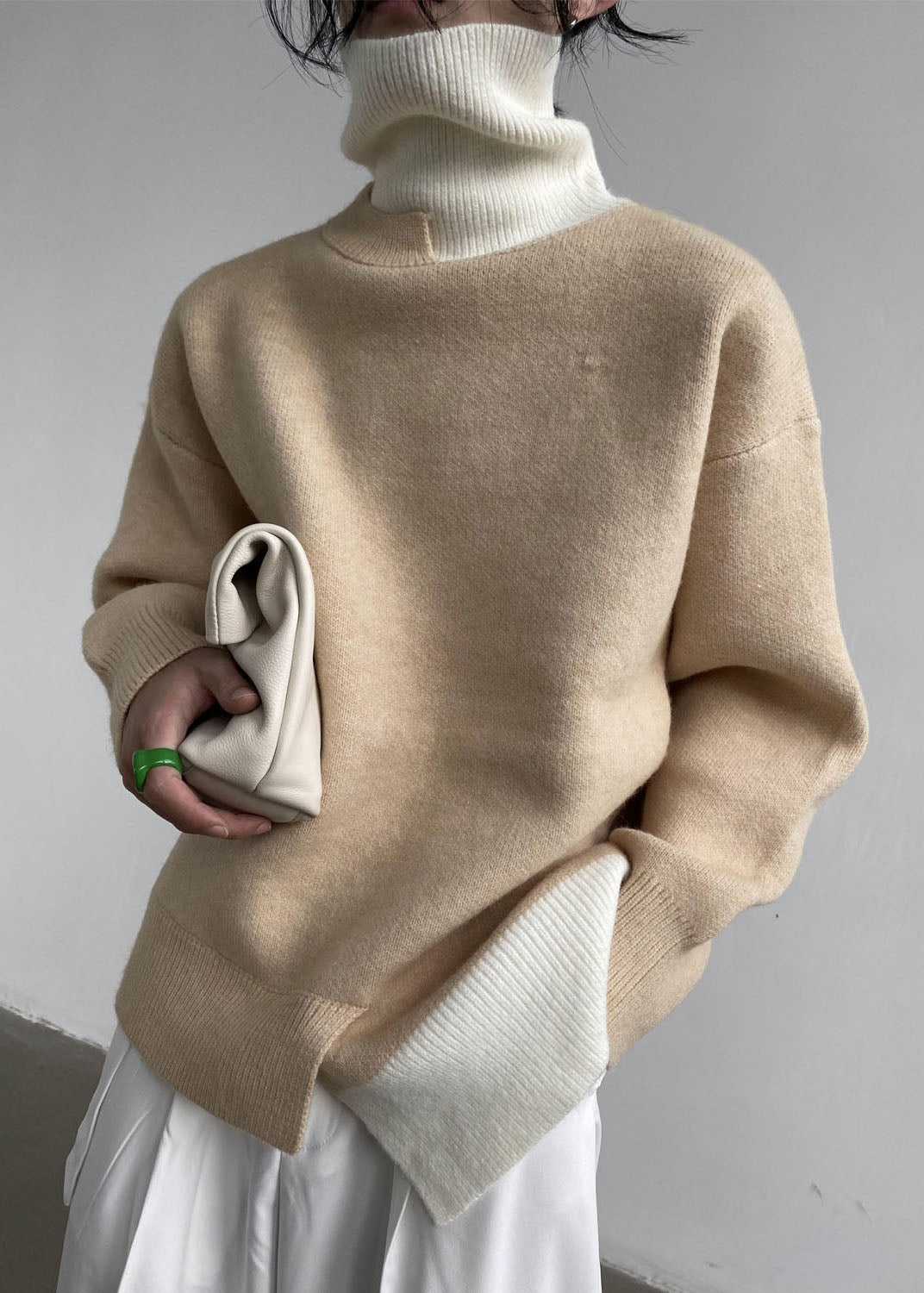 Khaki Turtle Neck Patchwork Oversized Knitted Tops Winter
