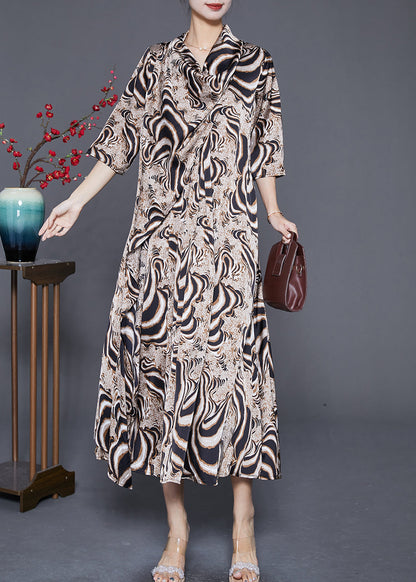 Khaki Turtle Neck Print Chiffon Long Dress Summer