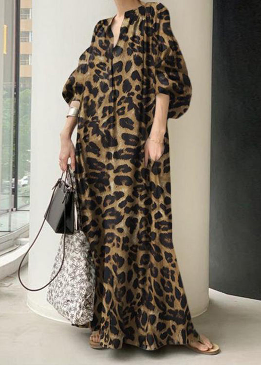 Khaki V Neck Leopard Print Chiffon Maxi Dress Puff Sleeve
