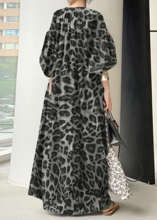 Khaki V Neck Leopard Print Chiffon Maxi Dress Puff Sleeve