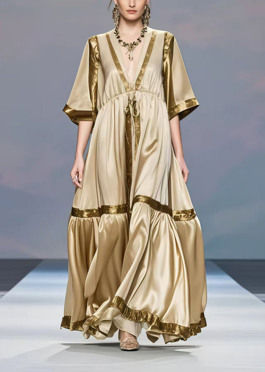 Khaki V Neck Patchwork Exra Large Hem Silk Long Dress Half Sleeve